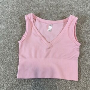 Pink Ribbed V Neck Crop Tank Top Sleeveless Knit Athleisure Womens size Small